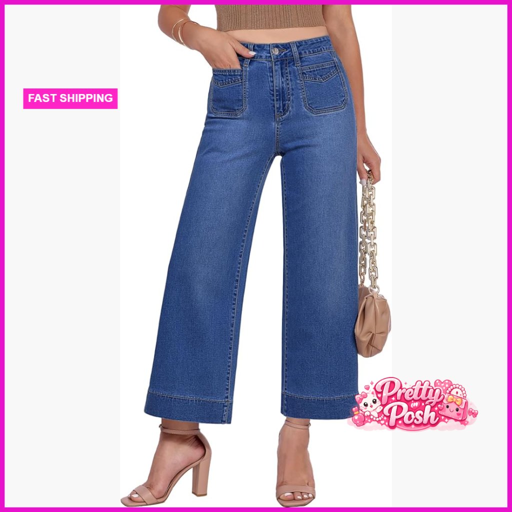Stretch Denim Wide Leg Cropped Jeans High Waisted Patch Pocket